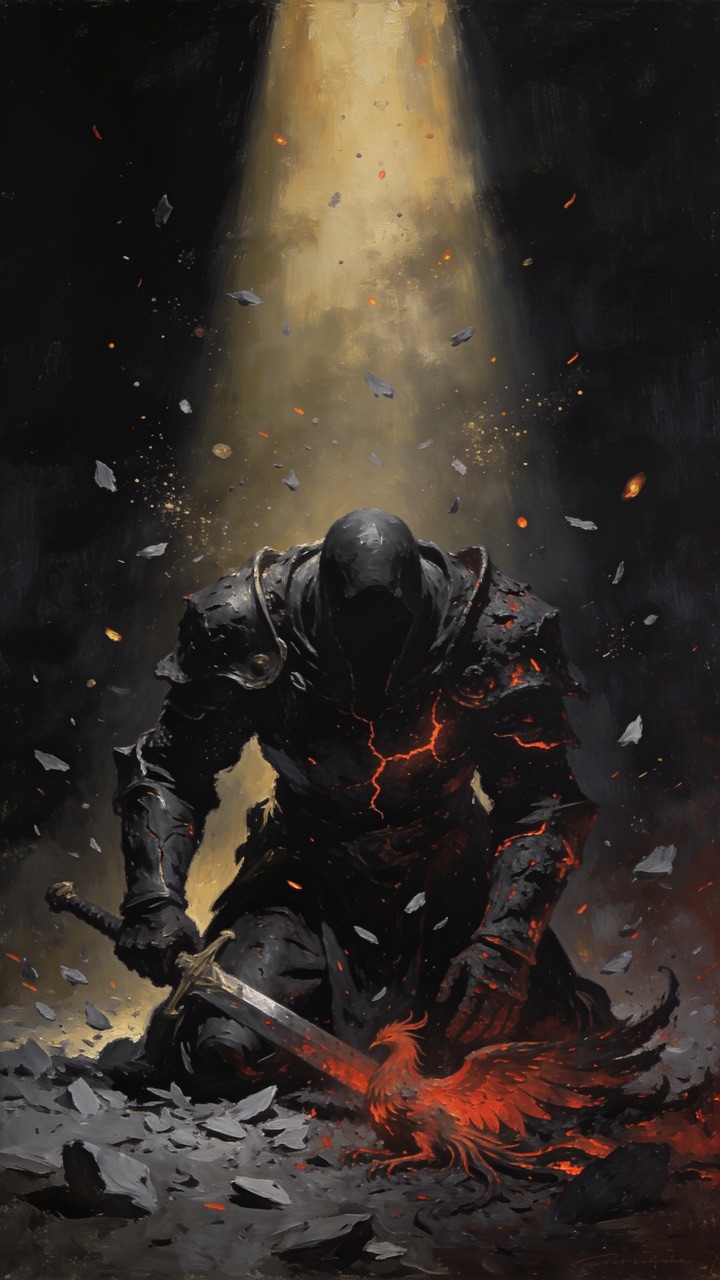 A defeated knight kneeling in a shaft of light