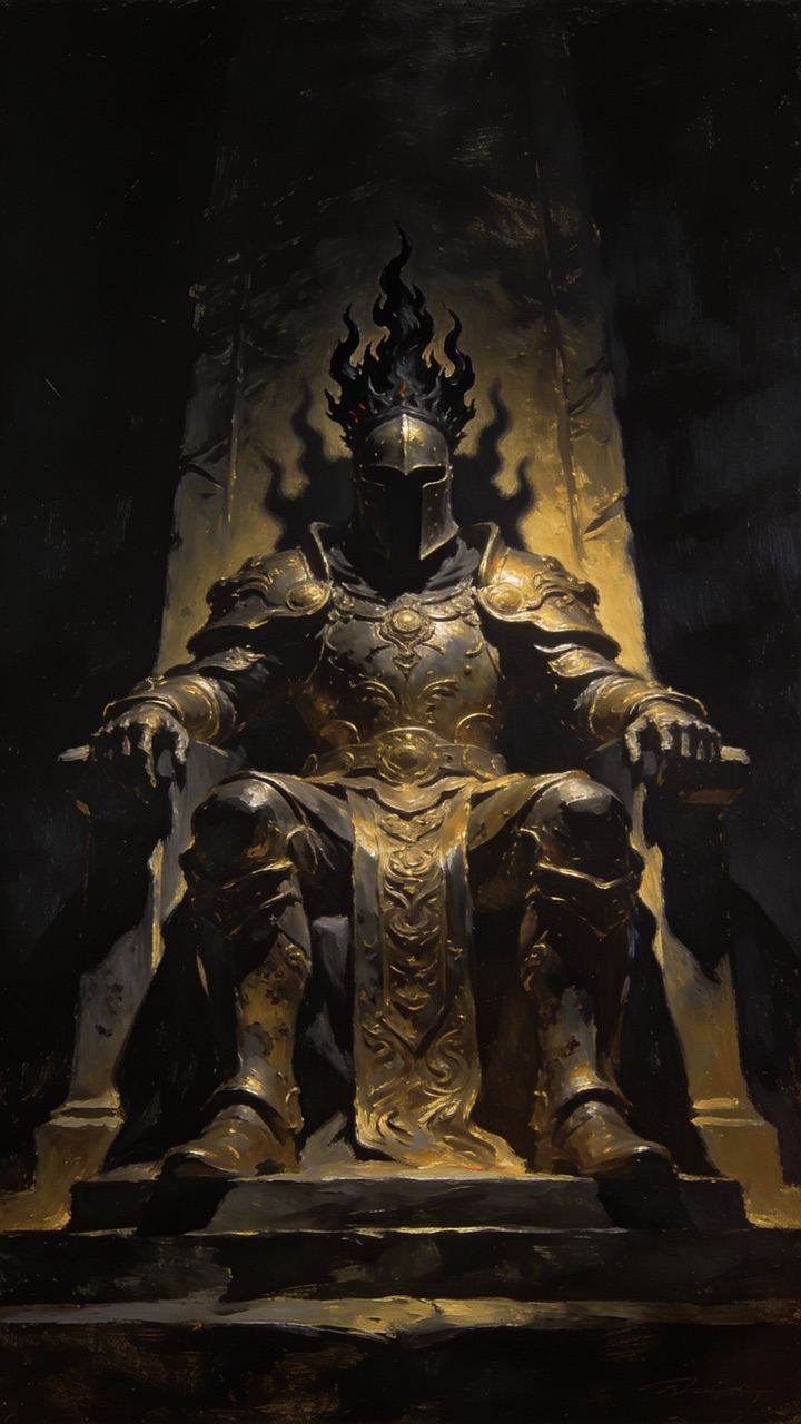 A dark armored king looming on his throne